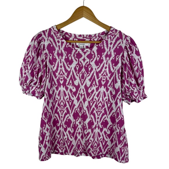 Chicos Ikat‎ Puff Sleeve Slub Tee Size 1 Medium Purple Pink Resort Boho Vacation - Picture 2 of 9